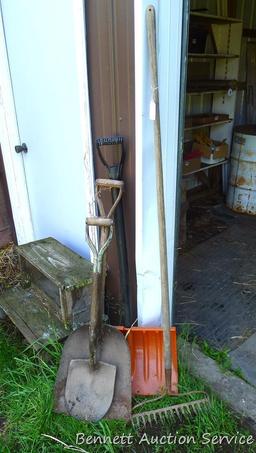 Rock rake, spade and snow shovel, more. Tallest stands 65".