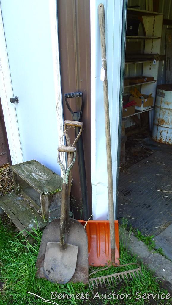 Rock rake, spade and snow shovel, more. Tallest stands 65".