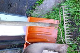Rock rake, spade and snow shovel, more. Tallest stands 65".