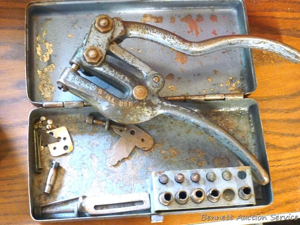 Whitney No. 4-B Metal hole punch is 8-1/4" long. Comes with metal case and several sizes of hole