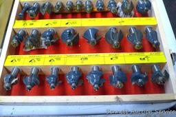 Very nice set of MLC Woodworking router bits in wooden case. Some appear to be unused, lots have