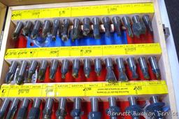 Very nice set of MLC Woodworking router bits in wooden case. Some appear to be unused, lots have