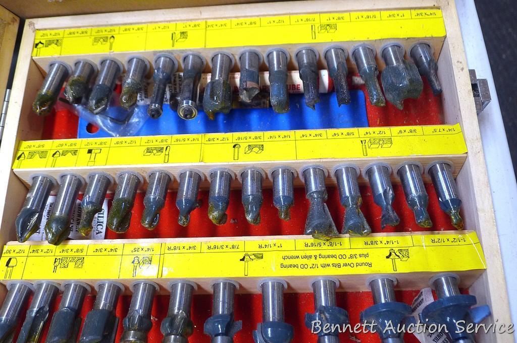 Very nice set of MLC Woodworking router bits in wooden case. Some appear to be unused, lots have