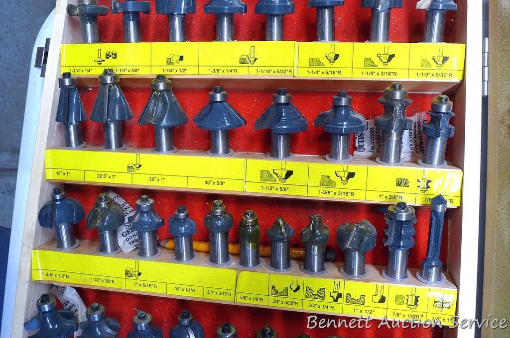 Very nice set of MLC Woodworking router bits in wooden case. Some appear to be unused, lots have