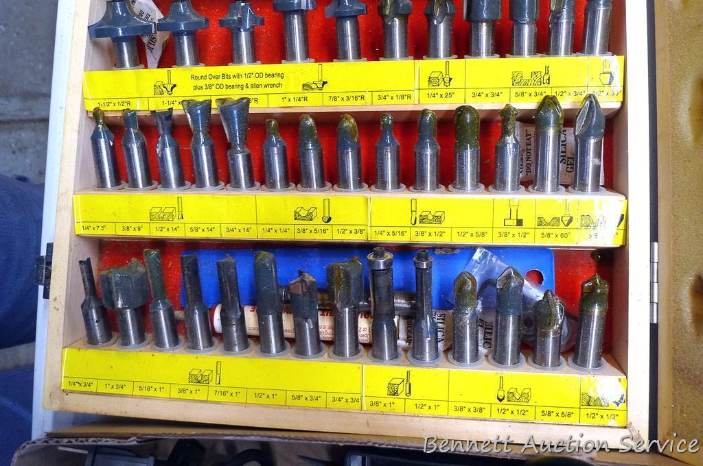Very nice set of MLC Woodworking router bits in wooden case. Some appear to be unused, lots have
