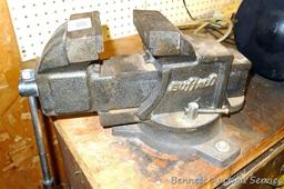 Buffalo No 4 swiveling bench vise is about 8" tall and 14" long when jaws are closed. Jaws look to