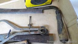 Strait -Line laser level, draw shave, folding measuring sticks, more. Draw shave is about 16" x 6".