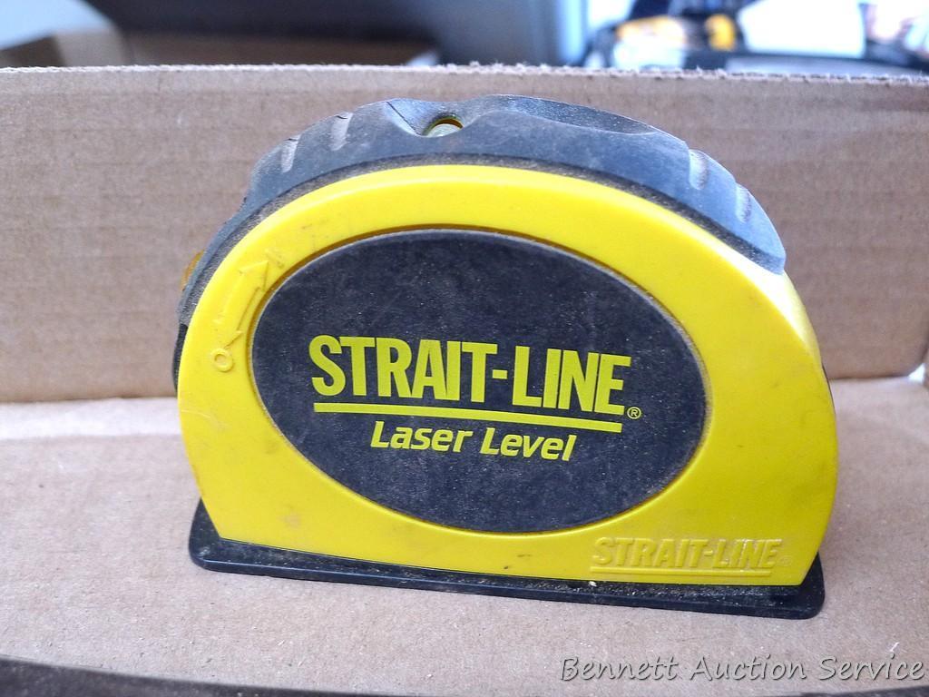 Strait -Line laser level, draw shave, folding measuring sticks, more. Draw shave is about 16" x 6".