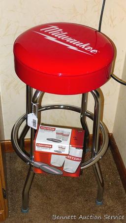 Milwaukee shop stool looks near new; pair of Craftsman pint glasses with tin coasters is NIB.