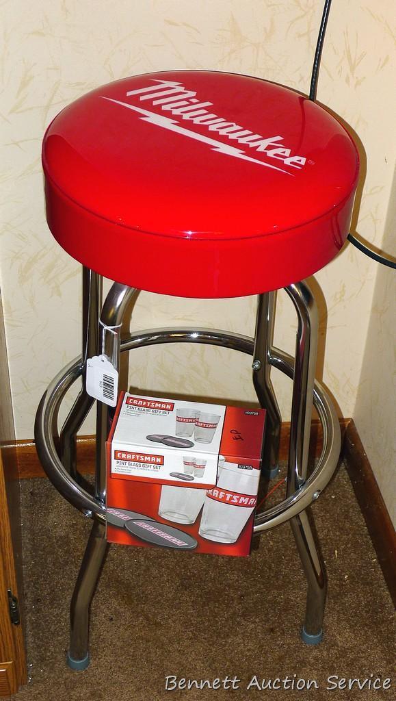 Milwaukee shop stool looks near new; pair of Craftsman pint glasses with tin coasters is NIB.