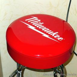 Milwaukee shop stool looks near new; pair of Craftsman pint glasses with tin coasters is NIB.