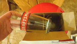 Milwaukee shop stool looks near new; pair of Craftsman pint glasses with tin coasters is NIB.