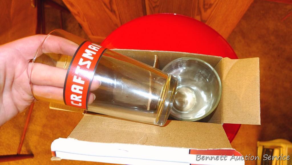 Milwaukee shop stool looks near new; pair of Craftsman pint glasses with tin coasters is NIB.