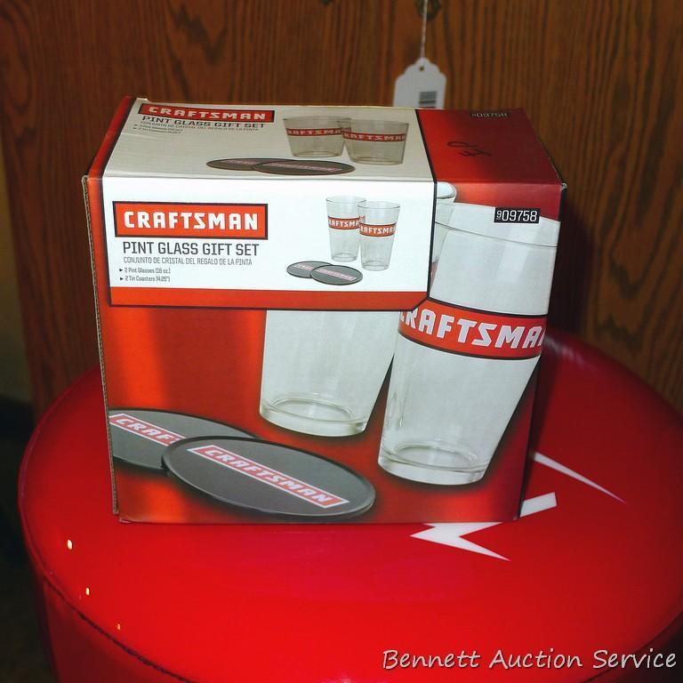 Milwaukee shop stool looks near new; pair of Craftsman pint glasses with tin coasters is NIB.