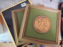Two retro framed pieces and a shadow box, largest is 12" x 15" x 2".