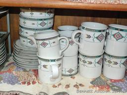 Set of dishes for 8 includes 12" platter, 11" plates, 6-1/2" saucers, 3-3/4" mugs, 3" cups, 8"