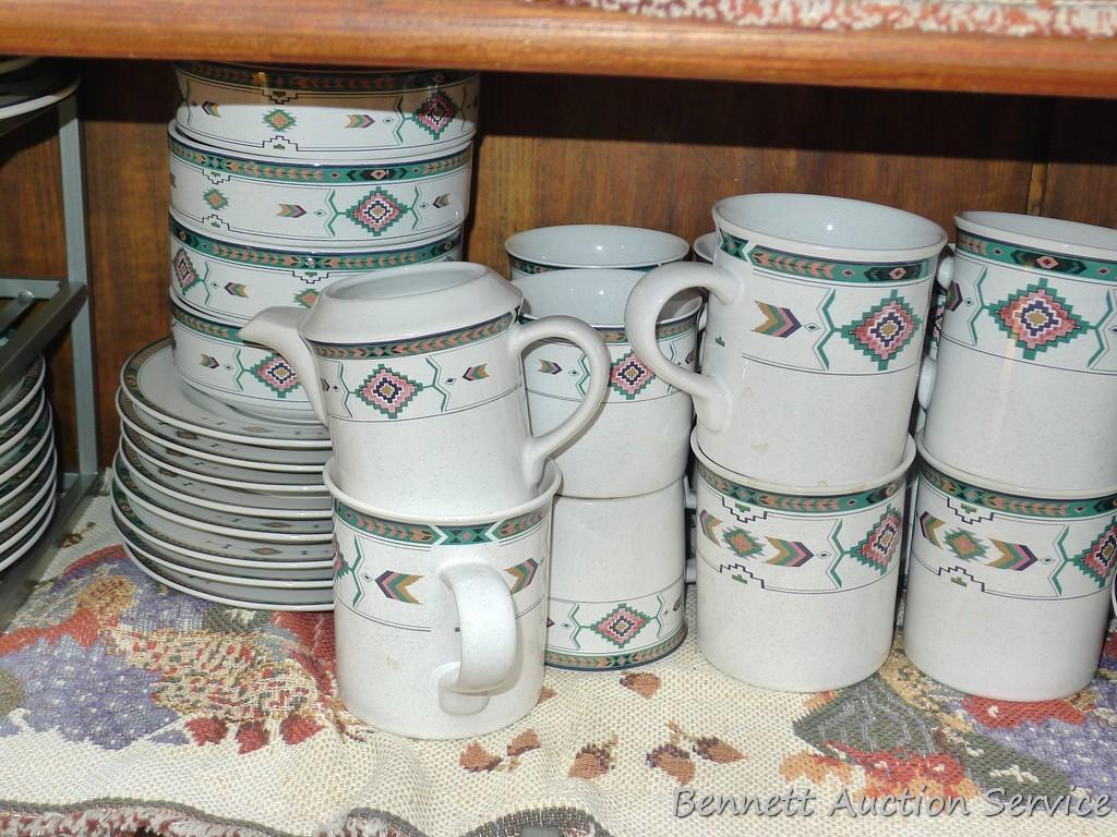 Set of dishes for 8 includes 12" platter, 11" plates, 6-1/2" saucers, 3-3/4" mugs, 3" cups, 8"