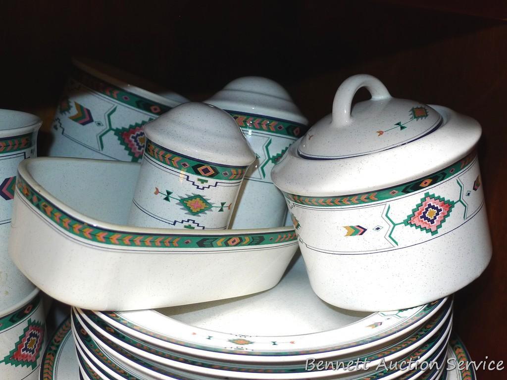 Set of dishes for 8 includes 12" platter, 11" plates, 6-1/2" saucers, 3-3/4" mugs, 3" cups, 8"