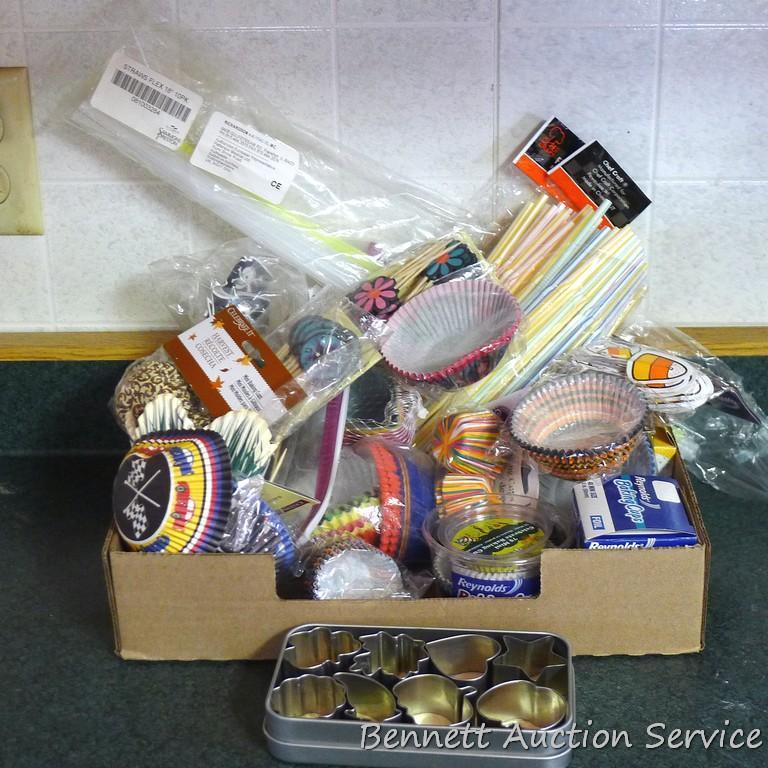 Pampered Chef miniature cookie cutters in metal box 3-1/2" x 6"; lots of decorative baking cups;