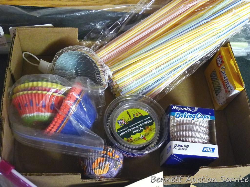 Pampered Chef miniature cookie cutters in metal box 3-1/2" x 6"; lots of decorative baking cups;