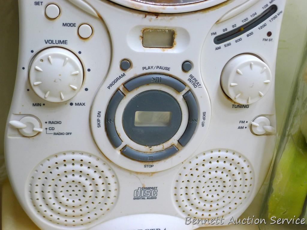 Set of three canisters, one filled with bars of soap, plus a Spectra radio/compact disc player. Disc