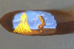 Pretty framed and matted feather has been painted with a Native American scene. Approx 15" x 10"