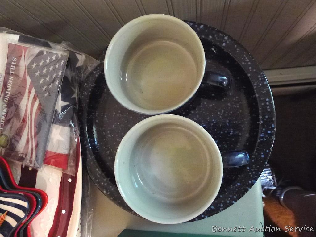19" Patriotic pillow, plus other similar items. Ceramic pieces with graniteware finish, plate is