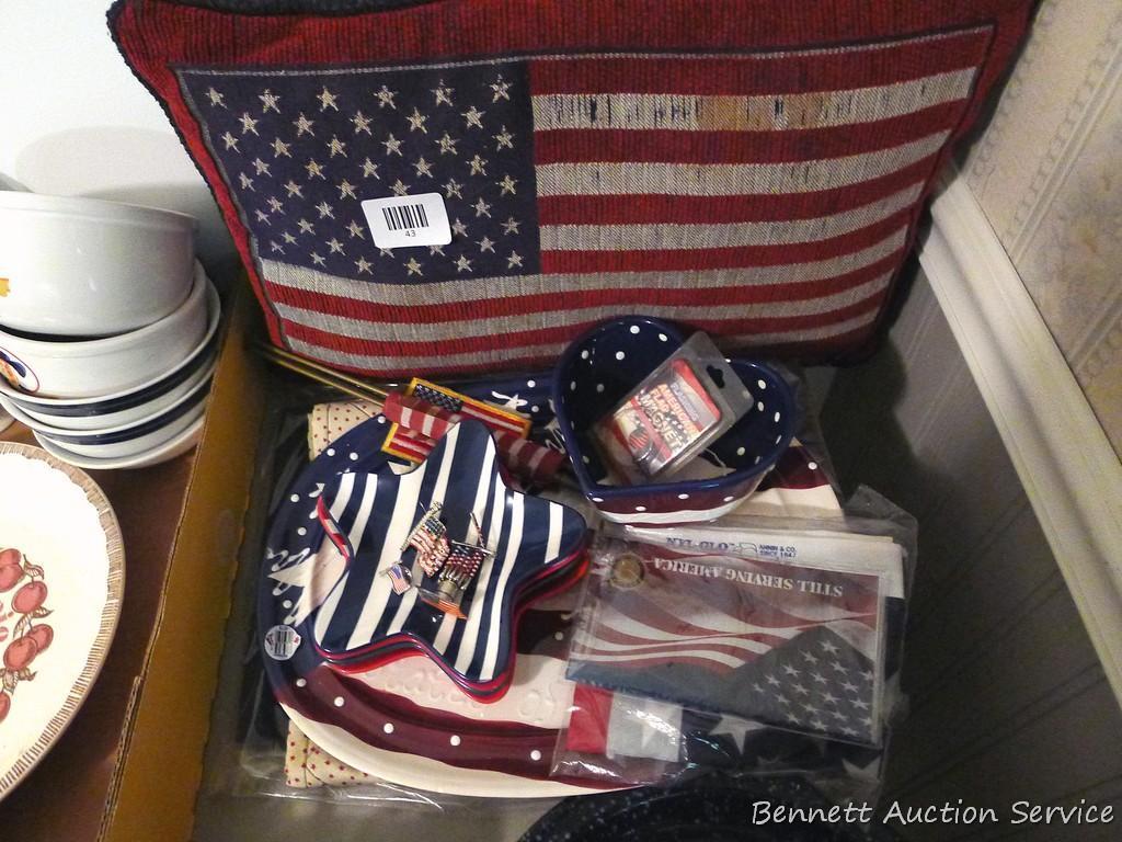 19" Patriotic pillow, plus other similar items. Ceramic pieces with graniteware finish, plate is