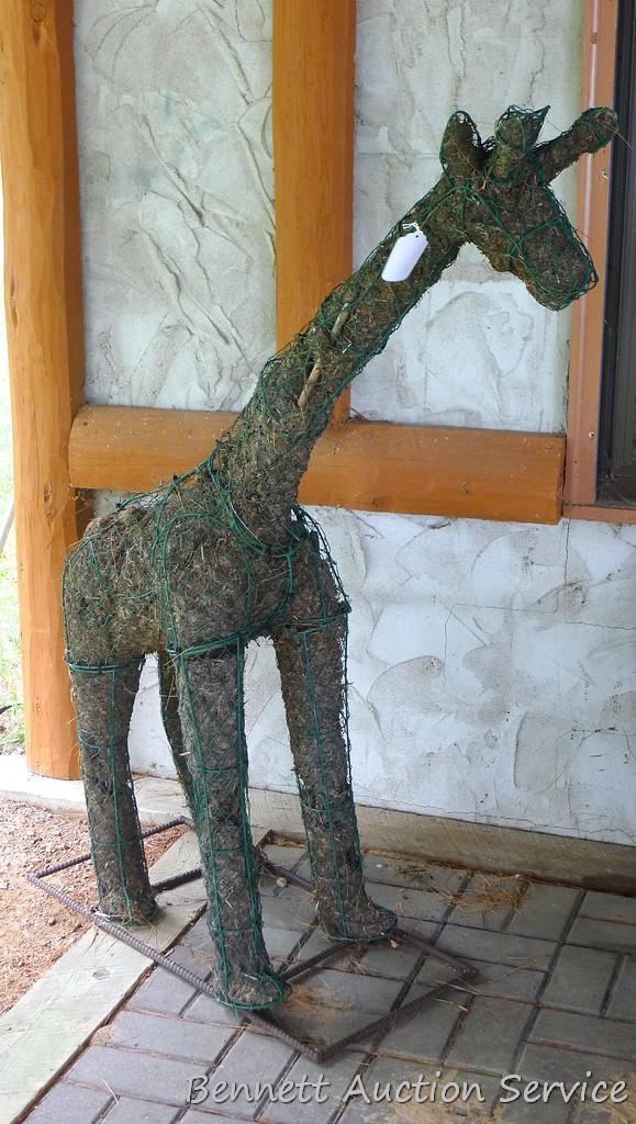 Handcrafted giraffe topiary form has a rebar base, stands 52" tall.