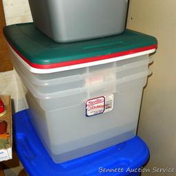 Six totes up to 18 gallon, all have lids.