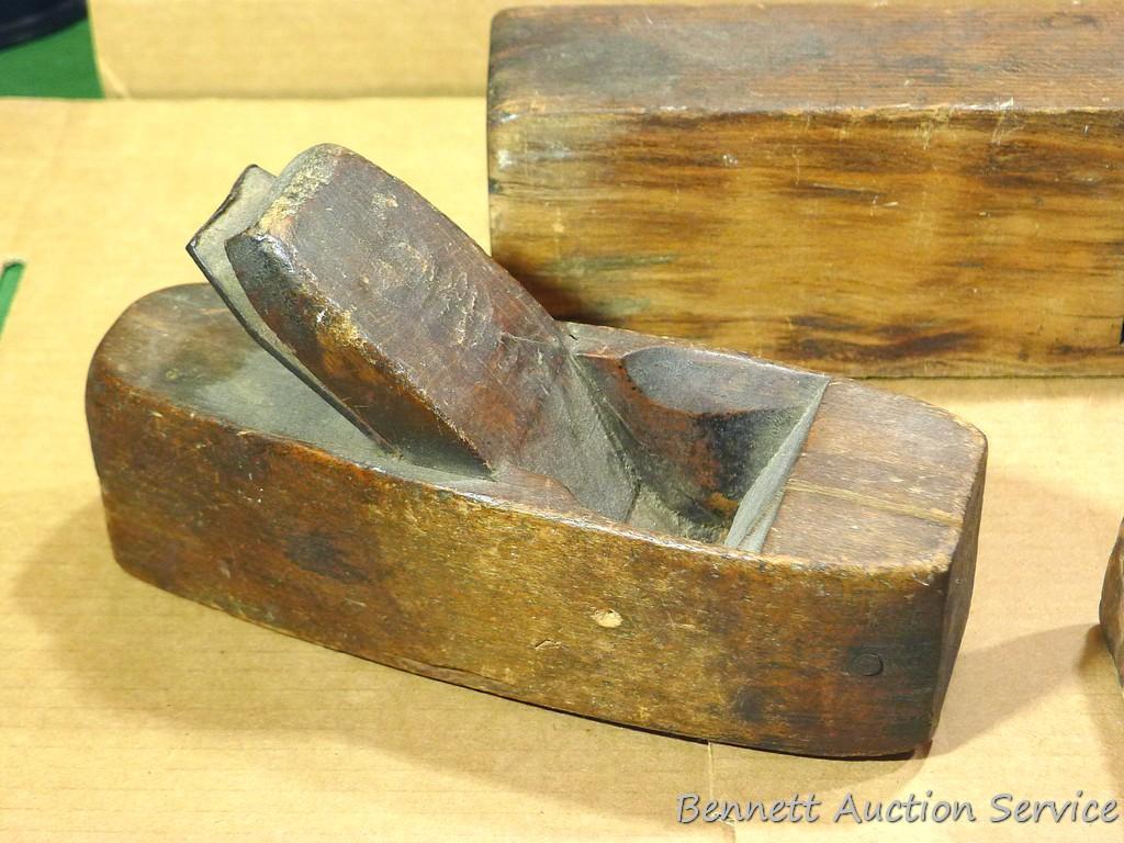Lot of 4 antique wooden block planes. All but one are missing blades. Handles are broken on two of