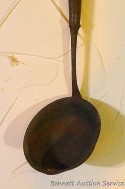 Unique primitive cooking utensil has what may be a flipper on one end and a fork on the other, 17";