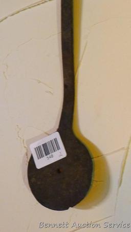 Unique primitive cooking utensil has what may be a flipper on one end and a fork on the other, 17";