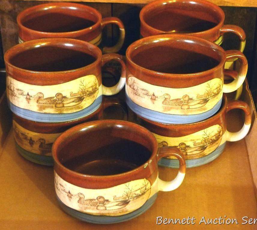 9 ceramic soup bowls with duck theme. Some have chips on the rim and/or handles that have been