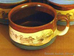 9 ceramic soup bowls with duck theme. Some have chips on the rim and/or handles that have been