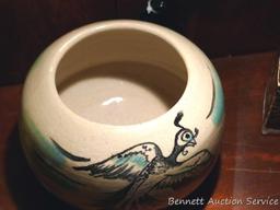 Ceramic round vase with hand painted bird, by Irene Gimeno. In very nice condition. Measures 8? in