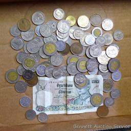Foreign coins and currency as pictured.