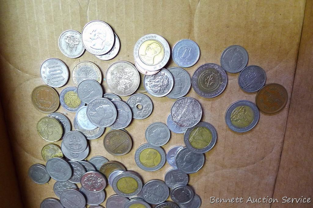Foreign coins and currency as pictured.