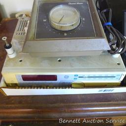 Vintage Arista intercom system, television ChannelMaster unit; undercabinet radio by GE.