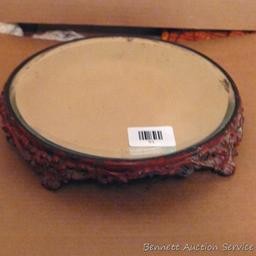 Plateau mirror with beveled glass is 10" across.