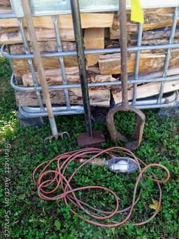 Garden fork/cultivator; ground tamper with 4" x 6" base and 48" handle; trouble light; steel hole