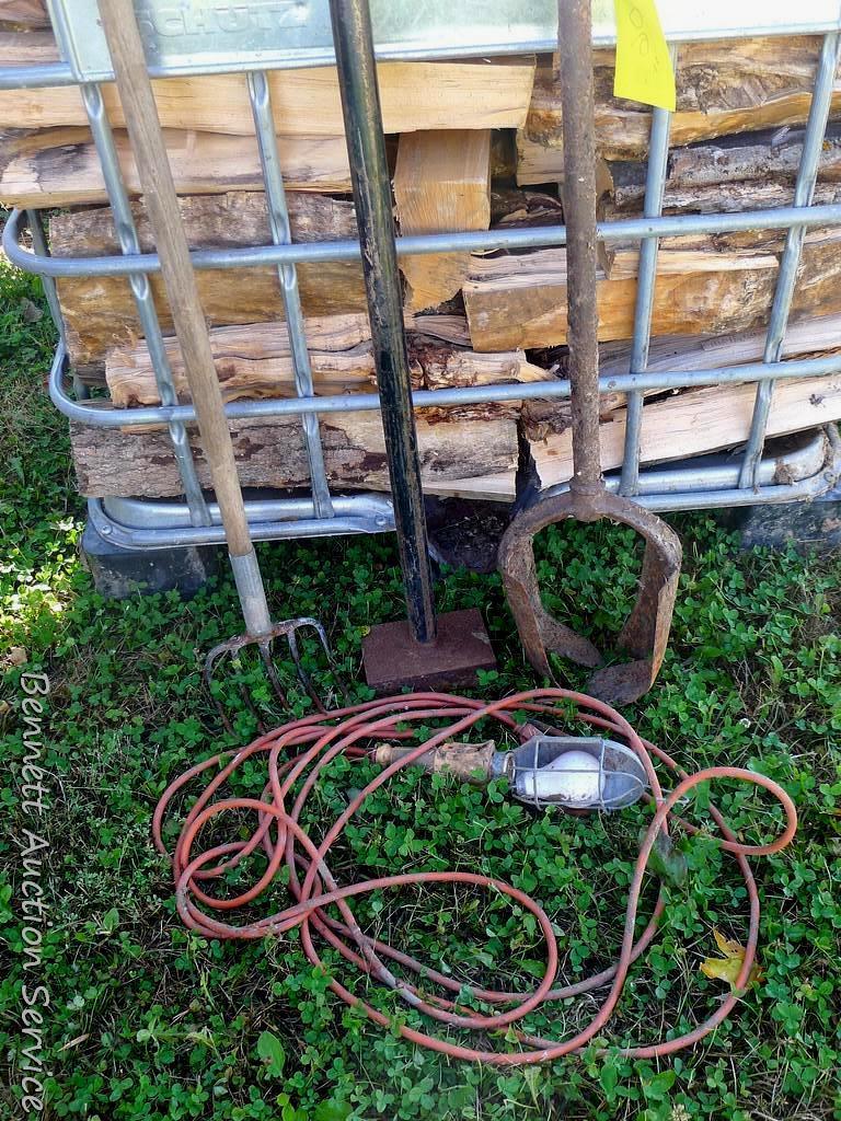 Garden fork/cultivator; ground tamper with 4" x 6" base and 48" handle; trouble light; steel hole