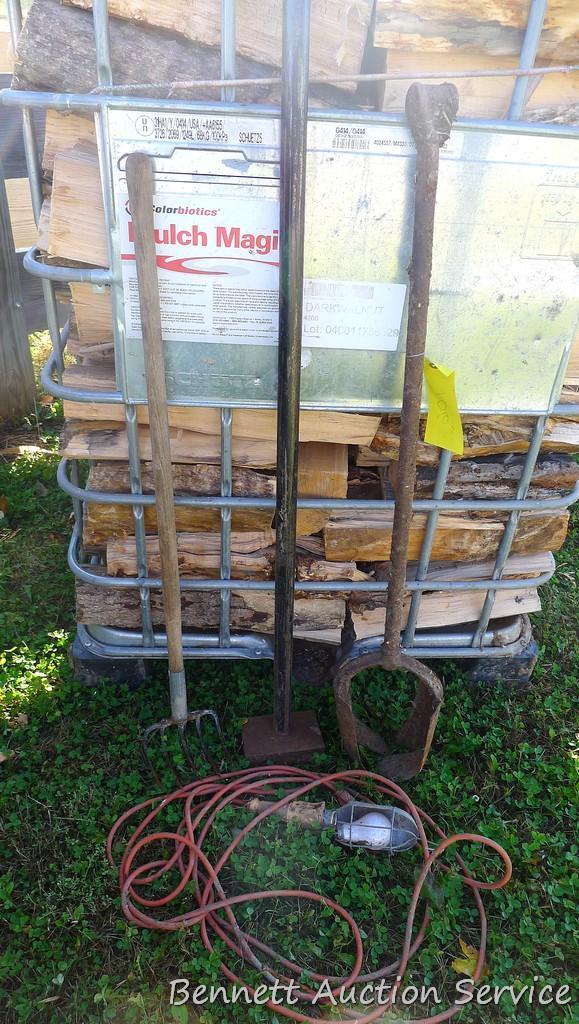 Garden fork/cultivator; ground tamper with 4" x 6" base and 48" handle; trouble light; steel hole