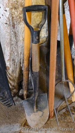 Five misc. handles; scoop shovel with wooden handle; cute 27" spade shovel; rake and more.