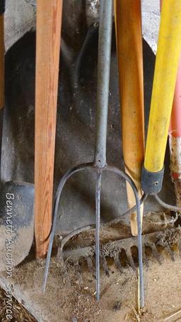 Five misc. handles; scoop shovel with wooden handle; cute 27" spade shovel; rake and more.