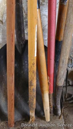 Five misc. handles; scoop shovel with wooden handle; cute 27" spade shovel; rake and more.