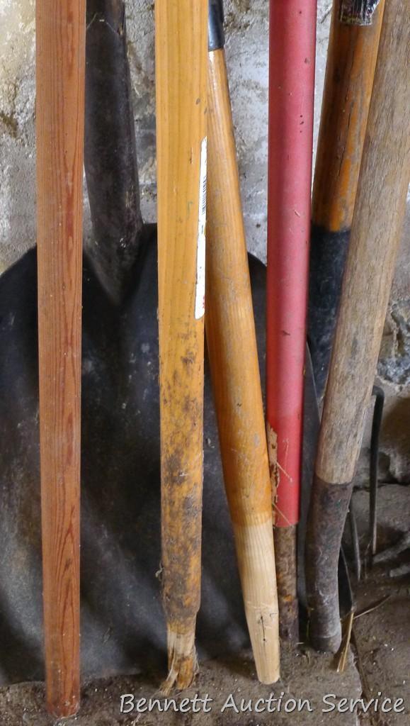 Five misc. handles; scoop shovel with wooden handle; cute 27" spade shovel; rake and more.