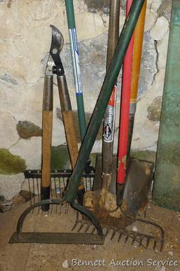 Nice spade shovel with wooden handle; Eagle rake; The Maintainer lawn & garden rake has 22" head