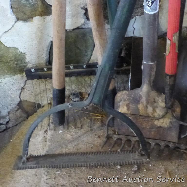 Nice spade shovel with wooden handle; Eagle rake; The Maintainer lawn & garden rake has 22" head