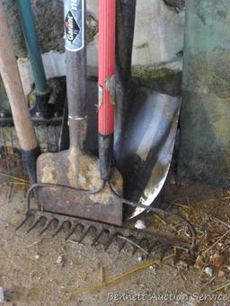 Nice spade shovel with wooden handle; Eagle rake; The Maintainer lawn & garden rake has 22" head